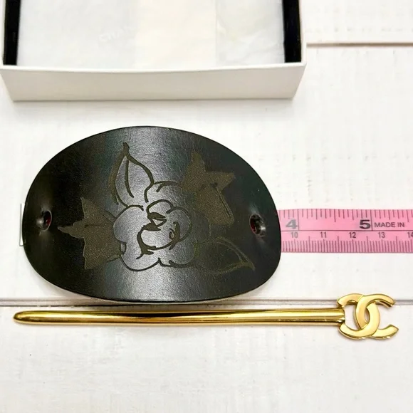 Chanel Gold Logo Leather Camellia Flower Hair Pin Accessory - Picture 7 of 10